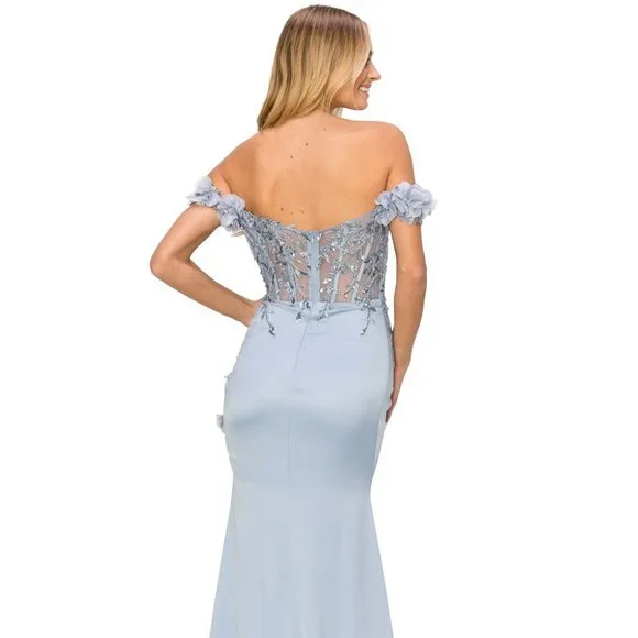 NEW LONG OFF SHOULDER SLEEVELESS DRESS EMBROIDERED WITH FLORAL APPLQIUE CC 8050J